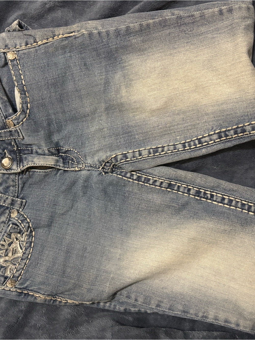 Paisley sky Y2K bling Rhinestone embellished flap pocket skinny jeans